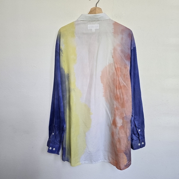 Allen Onyia for INC Watercolor Pastel Long Button Down Blouse Purple Yellow L - Picture 10 of 13